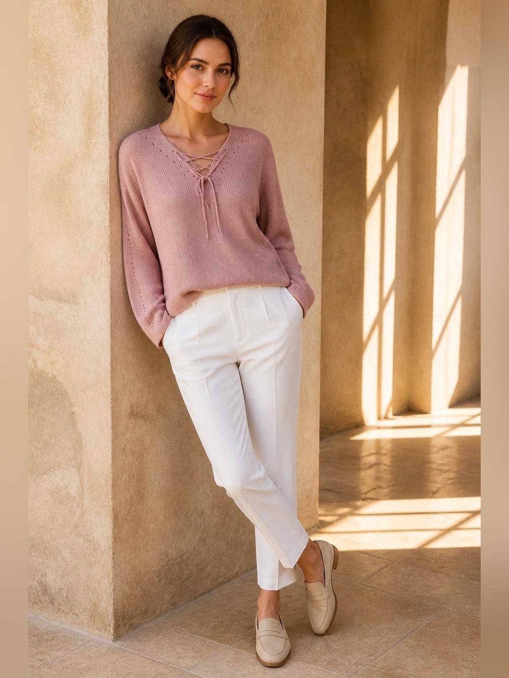 MONTS Wool Blend Lace Up Pink Sweater Size M